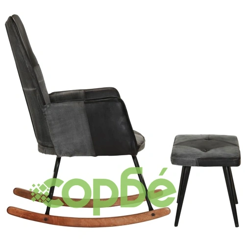 Люлеещ се стол с табуретка, черен, естествена кожа и платно ➤ топ цена ➤ sorbe.bg