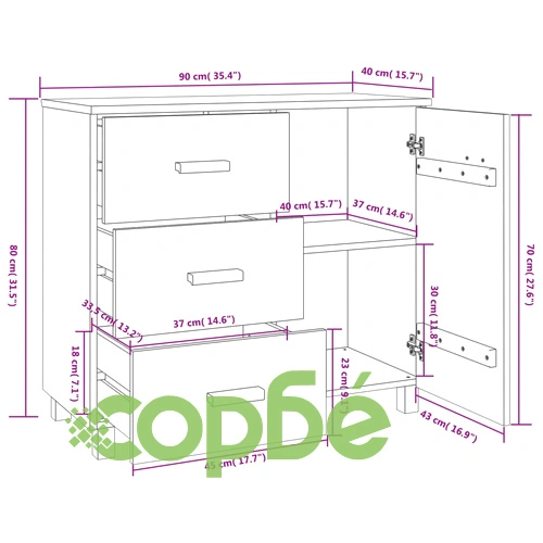 Сайдборд HAMAR, меденокафяво, 90x40x80 см, борово дърво масив ➤ топ цена ➤ sorbe.bg