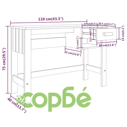 Бюро HAMAR, бяло, 110x40x75 см, борово дърво масив ➤ топ цена ➤ sorbe.bg