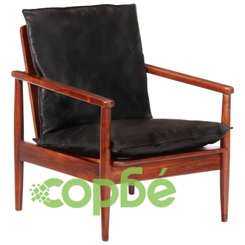 Фотьойл, черен, естествена кожа и акациево дърво масив ➤ топ цена ➤ sorbe.bg