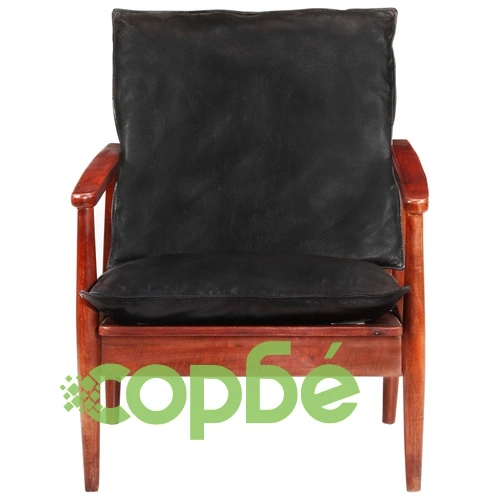 Фотьойл, черен, естествена кожа и акациево дърво масив ➤ топ цена ➤ sorbe.bg