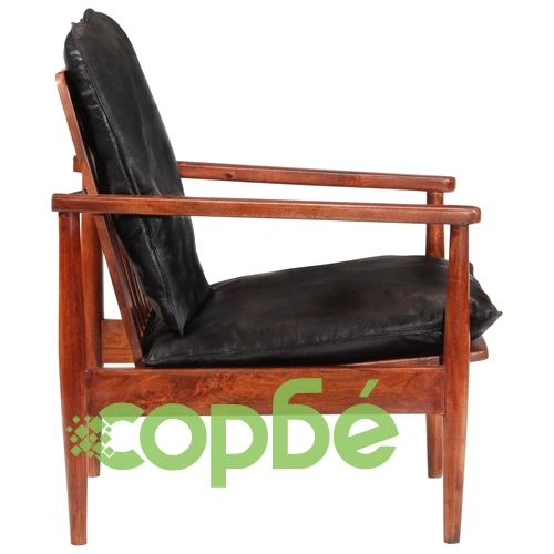 Фотьойл, черен, естествена кожа и акациево дърво масив ➤ топ цена ➤ sorbe.bg