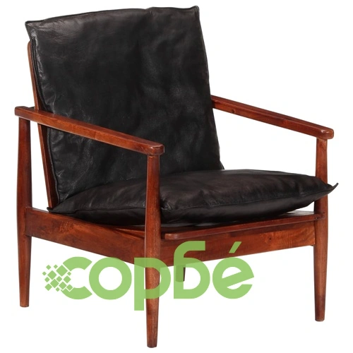 Фотьойл, черен, естествена кожа и акациево дърво масив ➤ топ цена ➤ sorbe.bg