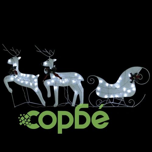 Коледна украса елен и шейна, 60 LED, за открито, бяло ➤ топ цена ➤ sorbe.bg