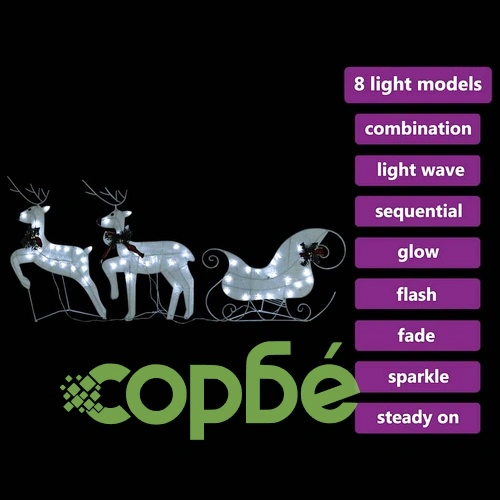 Коледна украса елен и шейна, 60 LED, за открито, бяло ➤ топ цена ➤ sorbe.bg