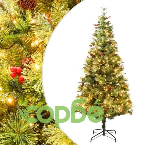 Готова осветена коледна елха с шишарки зелена 120 см PVC и PE ➤ топ цена ➤ sorbe.bg
