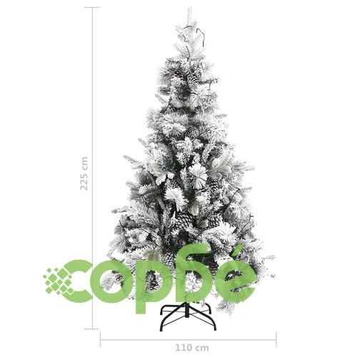 Осветена коледна елха с флокиран сняг и шишарки 225 см PVC и PE ➤ топ цена ➤ sorbe.bg