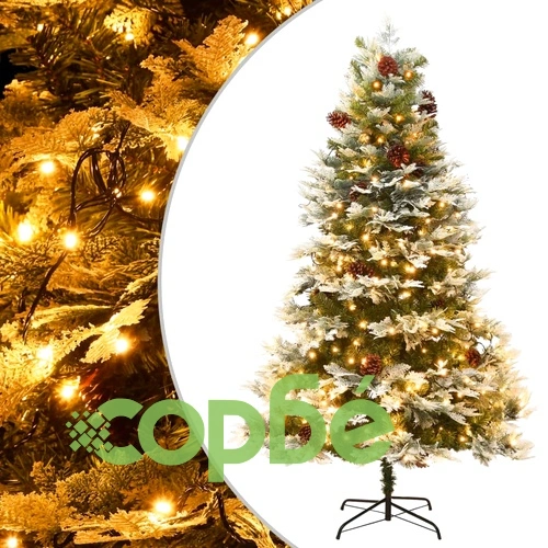 Готова осветена коледна елха с шишарки зелена 195 см PVC и PE ➤ топ цена ➤ sorbe.bg