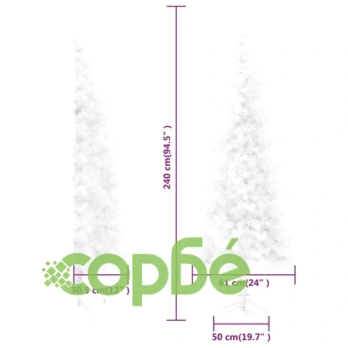 Тънка изкуствена половин коледна елха със стойка бяла 240 см ➤ топ цена ➤ sorbe.bg