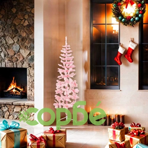 Тънка изкуствена половин коледна елха със стойка розова 150 см ➤ топ цена ➤ sorbe.bg