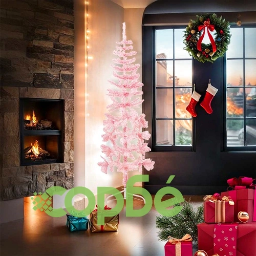 Тънка изкуствена половин коледна елха със стойка розова 180 см ➤ топ цена ➤ sorbe.bg