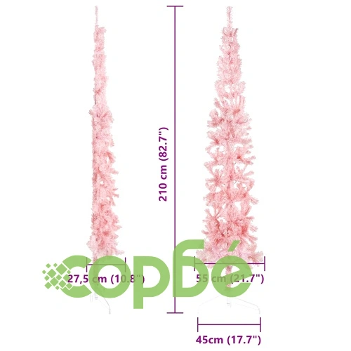 Тънка изкуствена половин коледна елха със стойка розова 210 см ➤ топ цена ➤ sorbe.bg