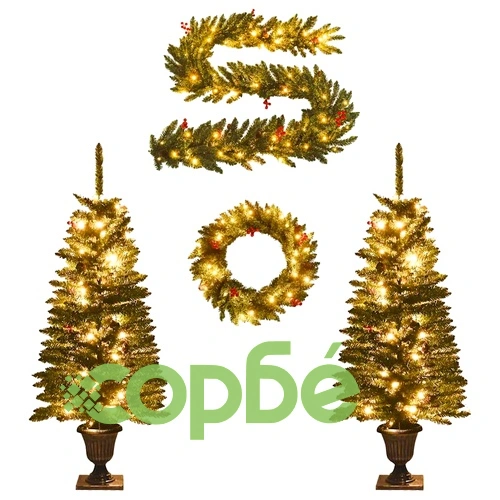 Изкуствени коледни елхи 2 бр с венец, гирлянд и LED ➤ топ цена ➤ sorbe.bg
