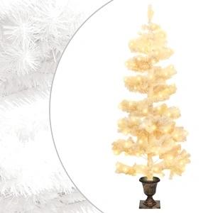 Усукана осветена коледна елха със саксия, бяла, 120 см, PVC