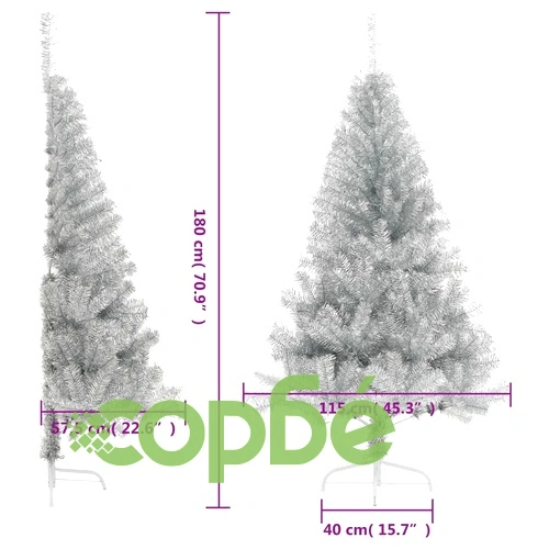 Изкуствена половин коледна елха със стойка, сребро, 180 см, PET ➤ топ цена ➤ sorbe.bg