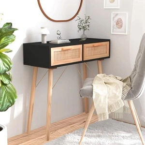 Конзолна маса, черна, 80x30x75 см, бор масив и естествен ратан