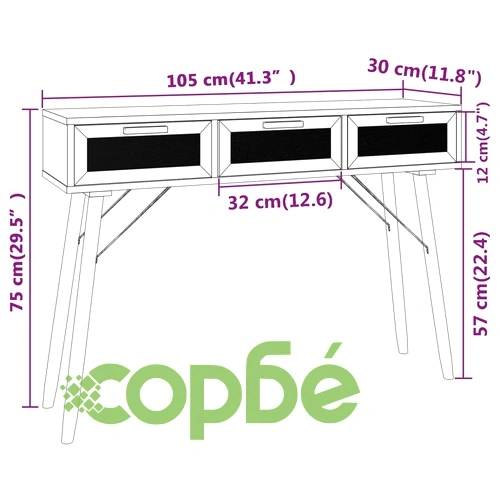 Конзолна маса, черна, 105x30x75 см, бор масив и естествен ратан ➤ топ цена ➤ sorbe.bg