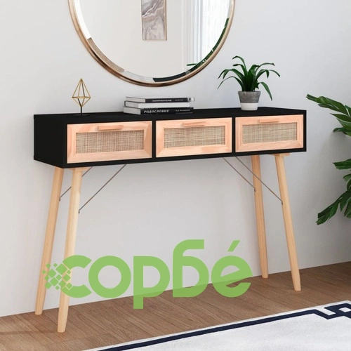 Конзолна маса, черна, 105x30x75 см, бор масив и естествен ратан ➤ топ цена ➤ sorbe.bg