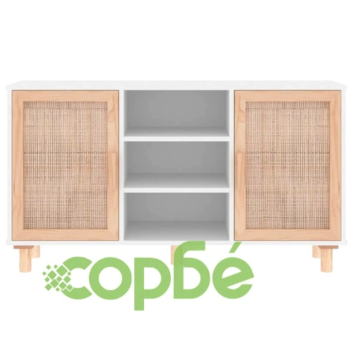 Бюфет, бял, 105x30x60 см, бор масив и естествен ратан ➤ топ цена ➤ sorbe.bg