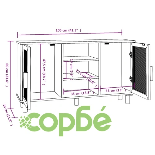 Бюфет, бял, 105x30x60 см, бор масив и естествен ратан ➤ топ цена ➤ sorbe.bg