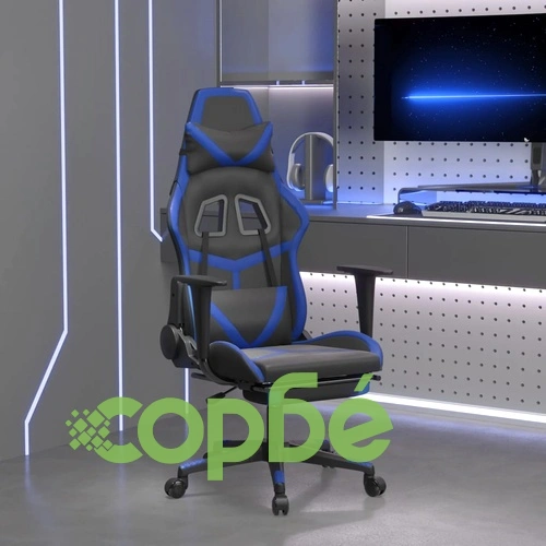 Масажен гейминг стол с опора за крака черно-син изкуствена кожа ➤ топ цена ➤ sorbe.bg