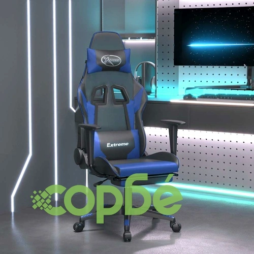 Масажен гейминг стол с опора за крака черно-син изкуствена кожа ➤ топ цена ➤ sorbe.bg