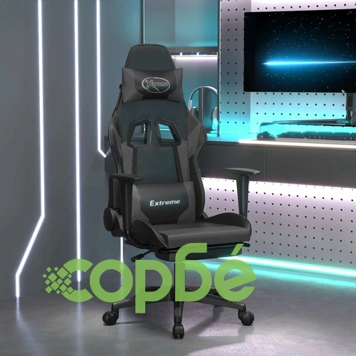 Масажен гейминг стол с подложка черно и cиво изкуствена кожа ➤ топ цена ➤ sorbe.bg