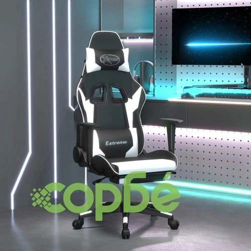 Масажен гейминг стол с опора за крака черно-бял изкуствена кожа ➤ топ цена ➤ sorbe.bg