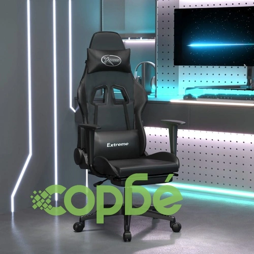 Масажен гейминг стол с опора за крака, черен, изкуствена кожа ➤ топ цена ➤ sorbe.bg