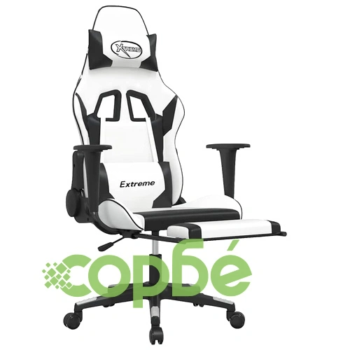 Масажен гейминг стол с опора за крака Бял-черно изкуствена кожа ➤ топ цена ➤ sorbe.bg