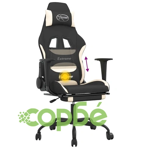 Масажен гейминг стол с опора за крака, черно и кремаво, плат ➤ топ цена ➤ sorbe.bg