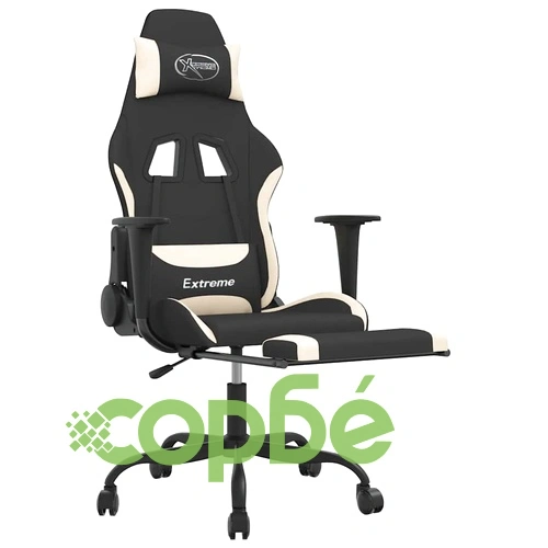 Масажен гейминг стол с опора за крака, черно и кремаво, плат ➤ топ цена ➤ sorbe.bg