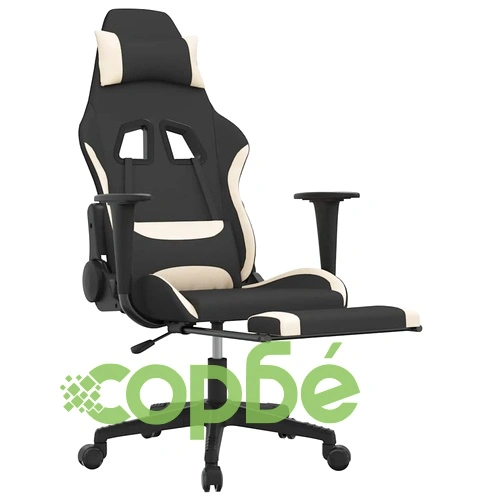 Масажен гейминг стол с опора за крака, черно и кремаво, плат ➤ топ цена ➤ sorbe.bg