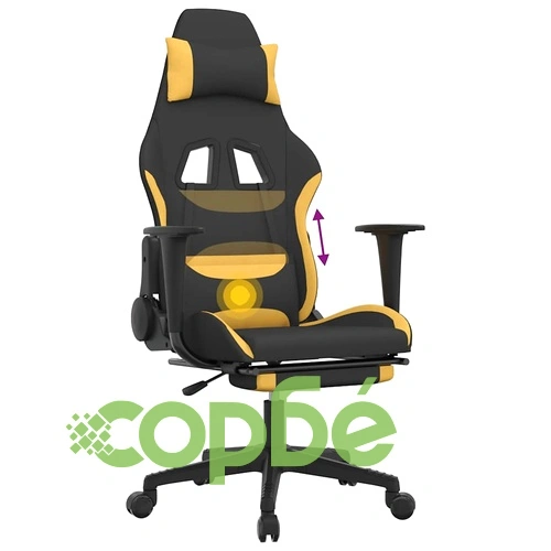 Масажен гейминг стол с опора за крака, черно и жълто, плат ➤ топ цена ➤ sorbe.bg