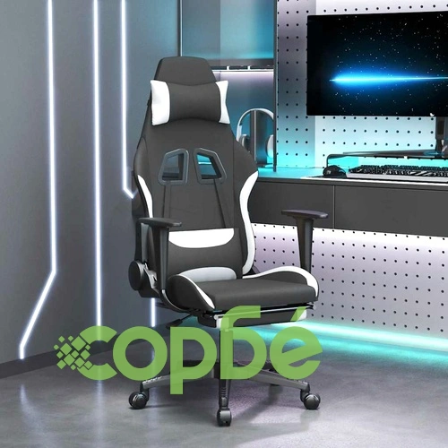 Масажен гейминг стол с опора за крака черно и бяло плат ➤ топ цена ➤ sorbe.bg