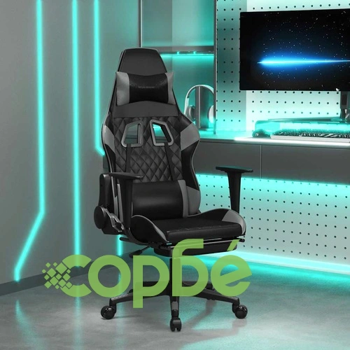 Масажен гейминг стол с подложка черно и cиво изкуствена кожа ➤ топ цена ➤ sorbe.bg