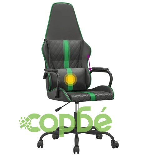 Масажен гейминг стол, черно и зелено, изкуствена кожа ➤ топ цена ➤ sorbe.bg