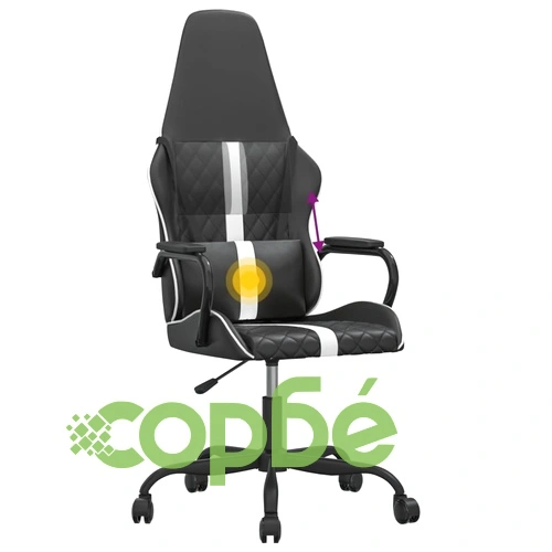 Масажен гейминг стол, бяло и черно, изкуствена кожа ➤ топ цена ➤ sorbe.bg