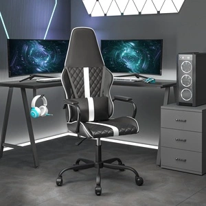 Масажен гейминг стол, бяло и черно, изкуствена кожа