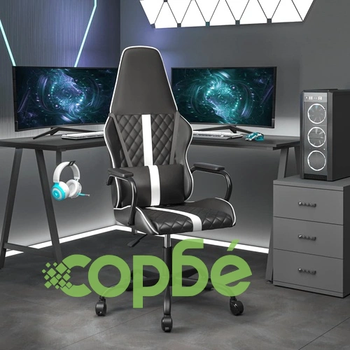 Масажен гейминг стол, бяло и черно, изкуствена кожа ➤ топ цена ➤ sorbe.bg