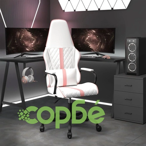 Масажен гейминг стол, бяло и розово, изкуствена кожа ➤ топ цена ➤ sorbe.bg