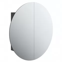 Шкаф за баня с кръгло огледало и LED, черен, 54x54x17,5 см