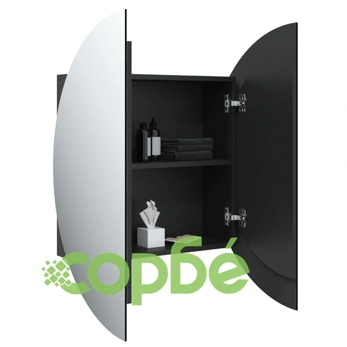 Шкаф за баня с кръгло огледало и LED, черен, 54x54x17,5 см ➤ топ цена ➤ sorbe.bg