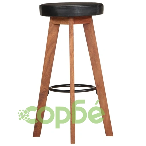 Бар табуретки 2 бр естествена кожа и акациево дърво масив ➤ топ цена ➤ sorbe.bg