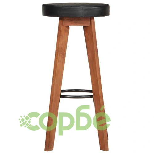 Бар табуретки 2 бр естествена кожа и акациево дърво масив ➤ топ цена ➤ sorbe.bg