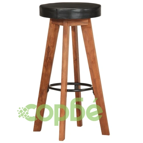 Бар табуретки 2 бр естествена кожа и акациево дърво масив ➤ топ цена ➤ sorbe.bg
