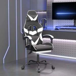 Въртящ гейминг стол с опора за крака черно-бял изкуствена кожа