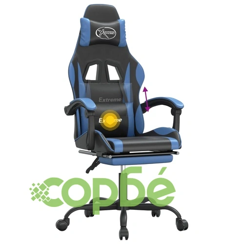 Въртящ гейминг стол с опора за крака черно-син изкуствена кожа ➤ топ цена ➤ sorbe.bg