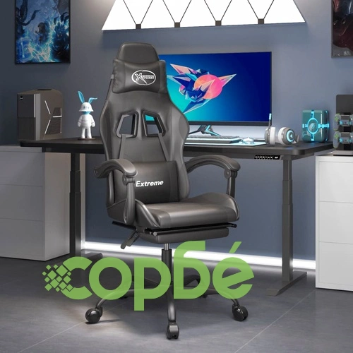 Въртящ гейминг стол с опора за крака, черен, изкуствена кожа ➤ топ цена ➤ sorbe.bg