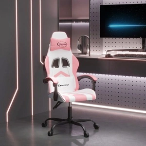 Въртящ гейминг стол, бяло и розово, изкуствена кожа